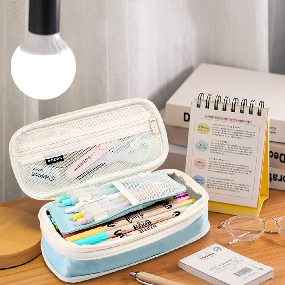 QCQHDU Big Capacity Pencil Pen Case Simple Stationery Bag College Office Organizer Blue