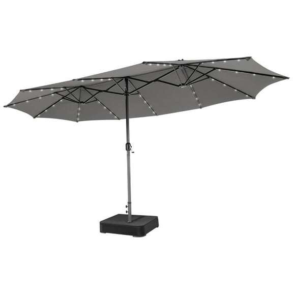 Spaco 15 Feet Double-Sided Patio Umbrella with 48 LED Lights-Gray, Patio Offset Umbrella with Easy Tilt Adjustment, Outdoor Cantilever Hanging Umbrella