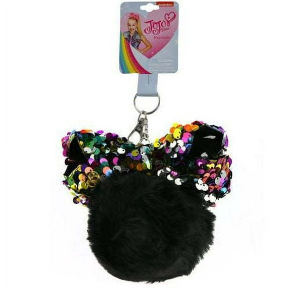 JoJo Siwa Faux Fur Pom Keychain w/Bow Black Sequin