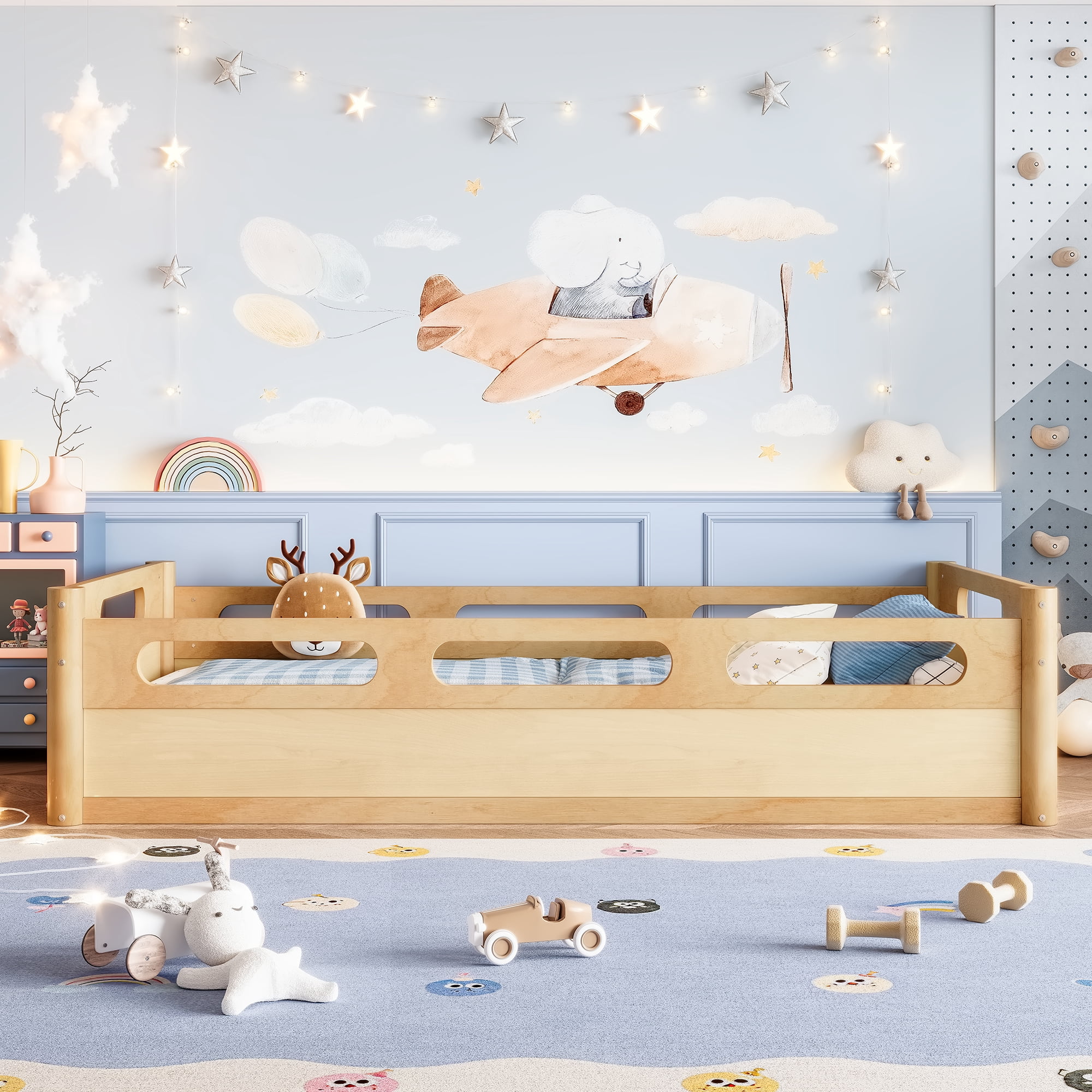Miniyam Twin Floor Bed with Guardrails, Low Profile Wood Platform Bed Frame for Kids, Natural