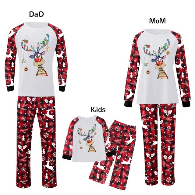 Pijamas Navideños Para La Familia Conjuntos A Juego Trajes Trajes Patchwork Plaid Impreso Homewear Cuello Redondo Manga Larga Conjuntos de Papá de Dos Piezas Odeerbi ODB188607