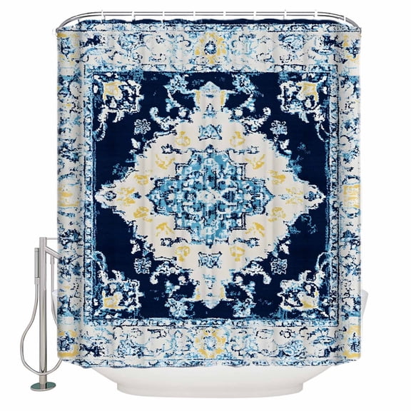 Vintage Bathroom Shower Curtains with Hooks, Abstract Blue Bohemian Farmhouse Tribal Waterproof Fabric Washable Shower Curtain for Home Hotel Bathtub Decor 72x84 Inch