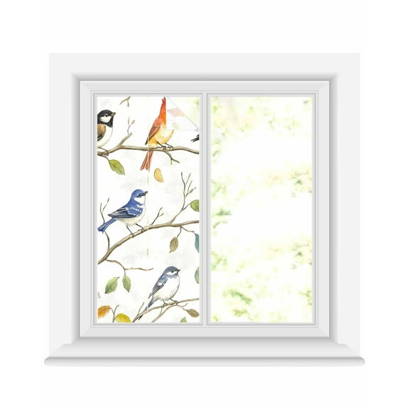Window Privacy Film Leaf Bird Stained Glass Window Film Decorative Sun Block Window Cover Colorful Spring Tree Branch Country Boho Window Clings Static Adhesive Sticker for Bathroom 19.6"x39.3"