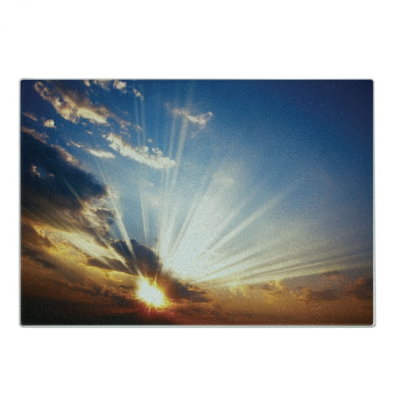 Clouds Cutting Board, Sky View with Sun Rays from the Bottom Mystic Illusions Vision Vibrant Scene Art, Decorative Tempered Glass Cutting and Serving Board, Small Size, Orange Blue, by Ambesonne