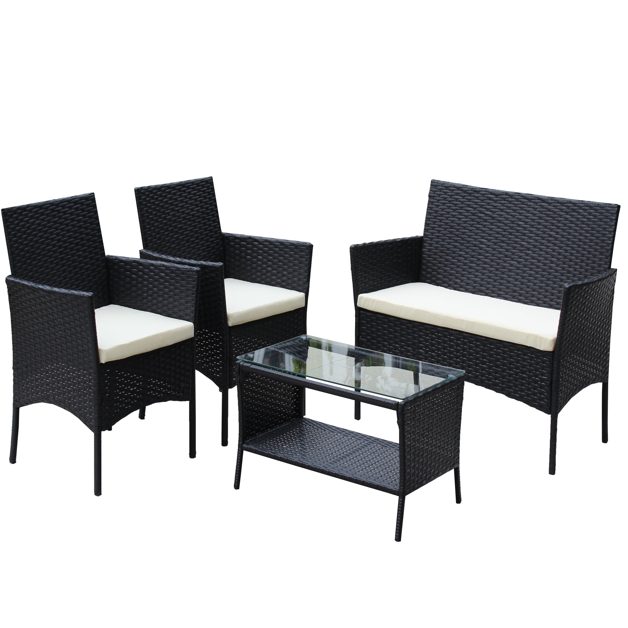 Aukfa 4 Piece Rattan Outdoor Patio Conversation Sofa Set with Table & Cushions, Beige