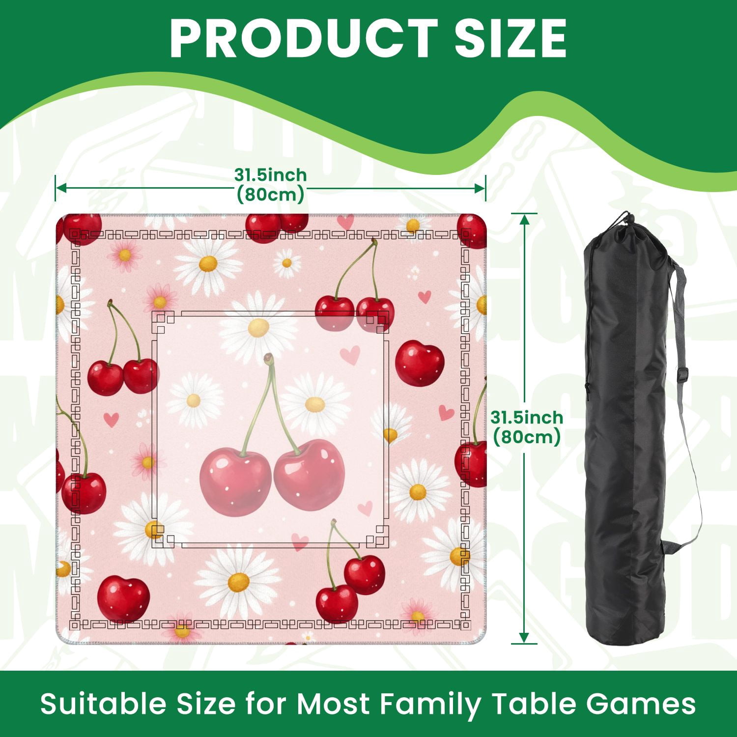 Mahjong Mat 31.5" x 31.5" Seamless Red Cherries White Daisies Pink Non-Slip Noise Reduction American Mahjong Tiles Table Cover for Dominoes Poker Card Board Games Gift