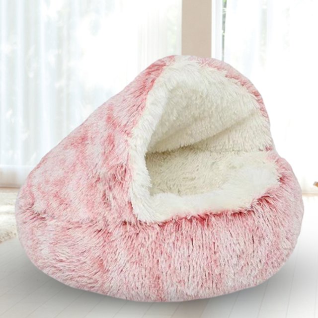 Cama de felpa para mascotas, cojín redondo para gatos, cesta para casa de gatos, bolsa de dormir (rosa 35*35cm)