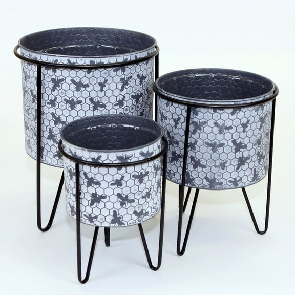 Set Of 3 Bees On White Washed Honeycomb Pattern With Metal Frame Planters
