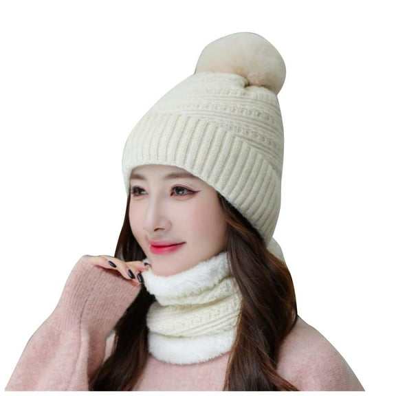 Audhol Scarf Hat Womens Earmuffs Add Flocking Thermal Cycling Warm Winter Hat Knitting Scarf Hat Face Scarf Mask for Women Beige One Size