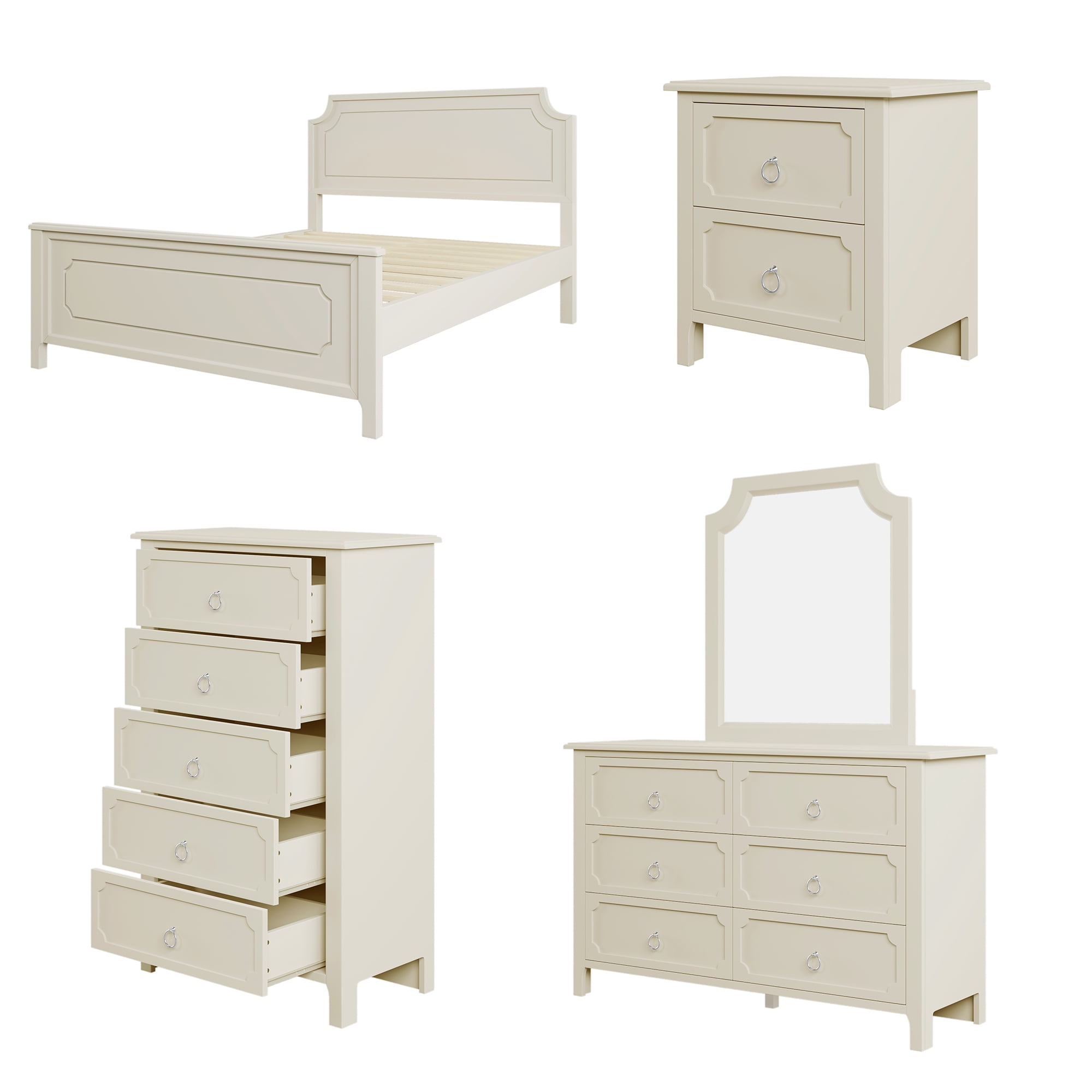 Resenkos 6 Pieces Solid Wood Bedroom Furniture Set Queen Size Platform Bed, Set of 2 Nightstand Chest, Mirror and Dresser Milky White Resenkos 6 Pieces Solid Wood Bedroom Furniture Set Queen Size Platform Bed, Set of 2 Nightstand Chest, Mirror and Dresser Milky White