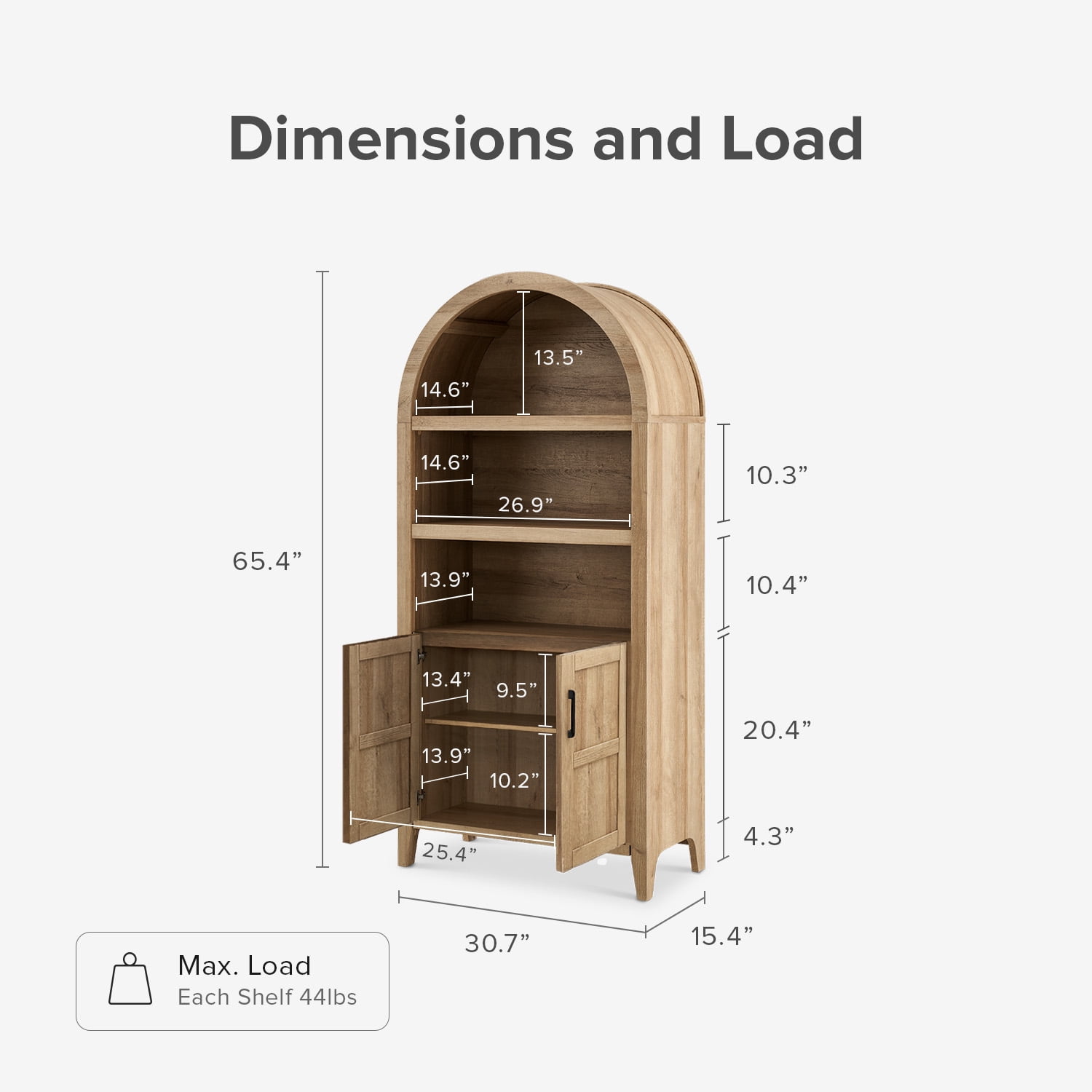 mopio Lauren 65.4" Arched Cabinet, 5-Tier Arched Bookcase with Doors and Shelves, Arched Bookshelf with Storage, Kitchen Pantry Cabinet, Wooden Storage Cabinet for Living Room, Kitchen (Oak)