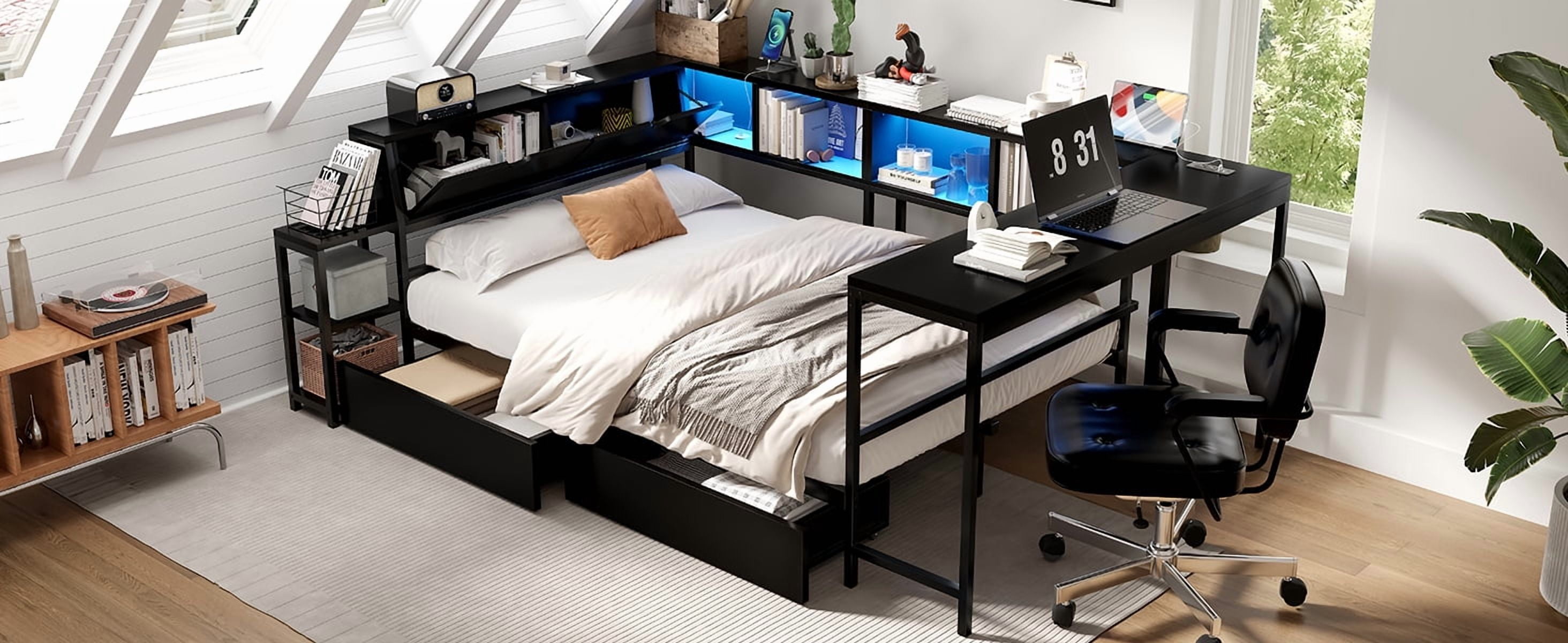 Mintazer Full Corner Bed Frame with Desk & Bookcase Headboard, Platform Bed Frame with LED Lights & Charging Station and 2 Drawers for Bedroom Living Room, Black