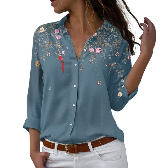 Women's T-Shirts Floral Print Button Down Shirt Roll Up Sleeve V Neck Collared Casual Work Blouse Polyester Spandex 1PC Top Size S-2XL Oversized Tshirts For Women