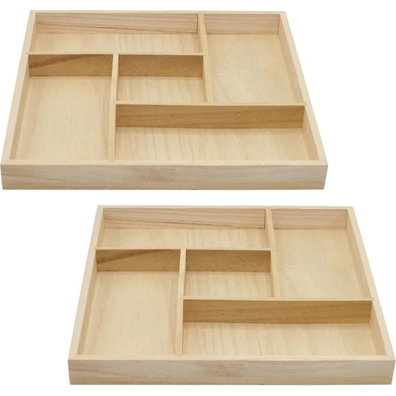 5 Section Wooden Trays – 10" × 10" Square Organizers with Compartments for Crafts, Drawer Tidying, Snacks, and Display | 2 Pack