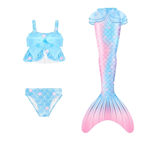 Hiiyo Big Girls Mermaid 3-Piece Bathing Suit Fish Scale Print Bikini Tail Set Beach Swimsuit