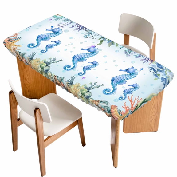 Seahorse Coastal Table Cloths for 5 Foot Rectangle Tables, Summer Nautical Starfish Coral Ocean Patio Waterproof Elastic Fitted Tablecloths, Washable Rectangular Table Cover for Camping