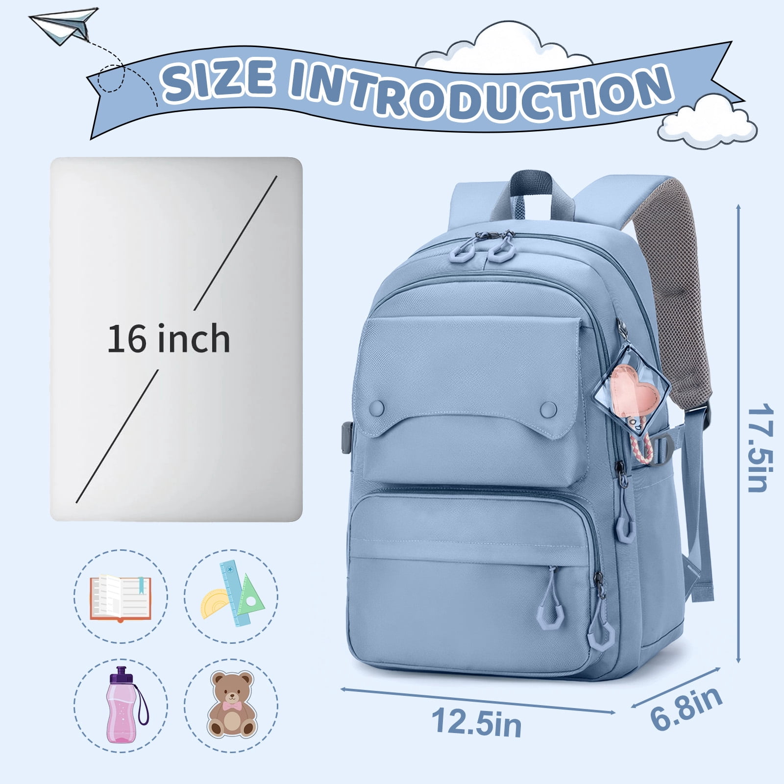 Inadays School Backpack, Large Capacity Bookbag for 15.6 Inch Laptop, Water-Resistant Cute Girlish Backpacks for Teen Adults Tween, Lightweight Travel Daypack for Primary Middle School College, Blue