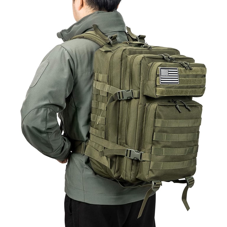 Tactical Military Backpack 45L - Waterproof Army Rucksack, 3 Day Assault Pack With Laptop Compartment, Molle Webbing, Includes Flags & Carabiners