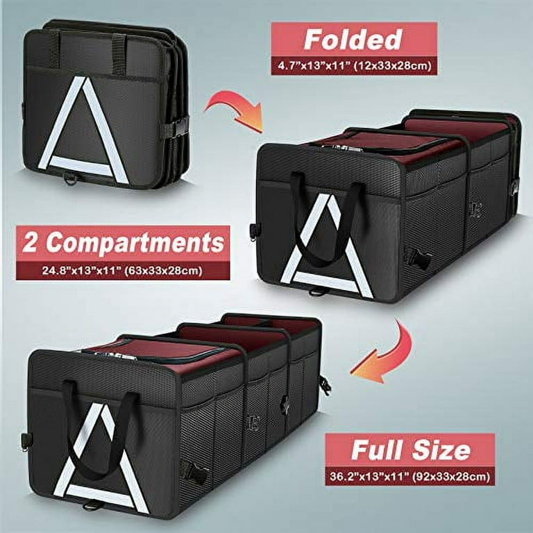 K KNODEL Sturdy Car Trunk Organizer with Premium Insulation Cooler Bag,  Heavy Duty Collapsible Trunk Storage Organizer for Car, SUV, Truck, or Van  (3 Compartments, Red) 