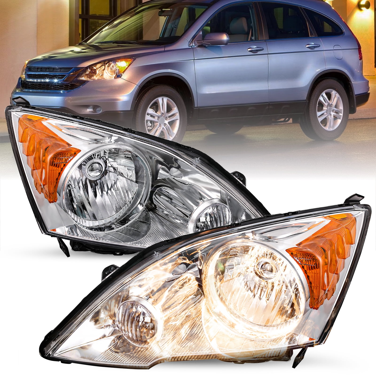 For 07-11 Honda CRV CR-V Chrome Amber Corner Headlights Assembly Pair 2007-2011