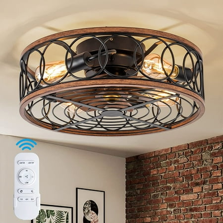 

MANXING Ceiling Fans with Lights 20 Low Profile Caged Lighting with Remote Control Bladeless Fan with Reversible Motor 3 Speeds Enclosed Flush Mount (5 E26 Bulbs Included) Farmhouse Modern Style
