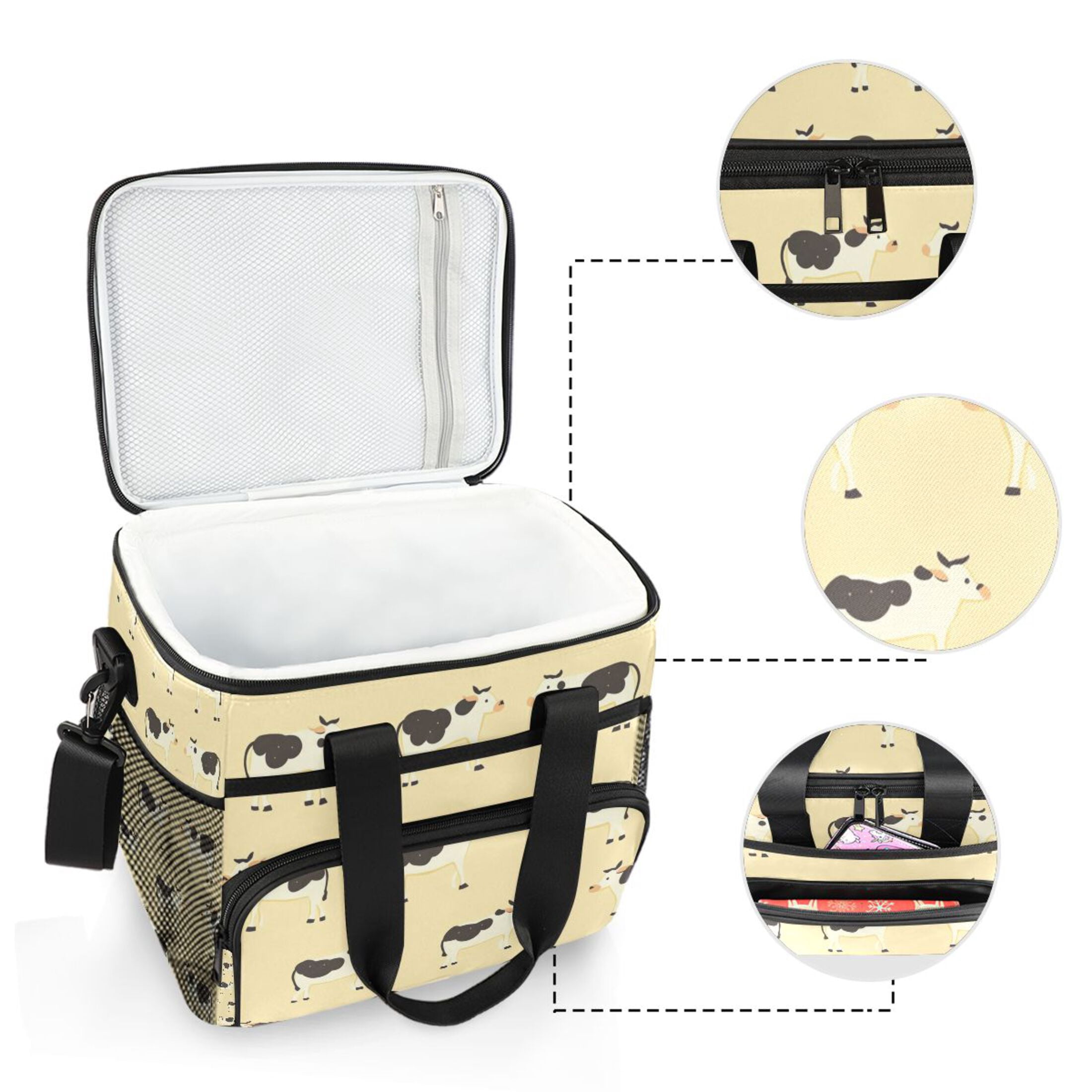 Cute Cow on Beige Insulated Lunch Bag 15L Cooler Box for Women Men Work Camping Beach Travel