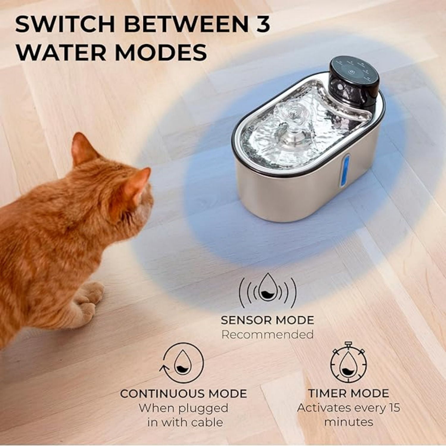 Cat Water Fountain Stainless Steel, 5200mAh Battery, Ultra Quiet, Automatic Water Dispenser for Cats, 108oz/3.2L, Two Flow Modes, Multi-Filtration, Includes 2 Filters - Black