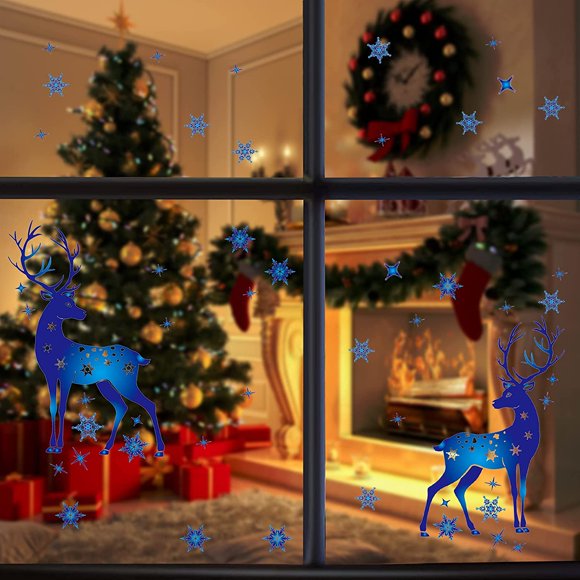 ASTER 122 Pieces Christmas Window Clings Winter Xmas Reindeer and Snowflake Christmas Window Decorations for Christmas Frozen Theme Party Decals Holiday Supplies