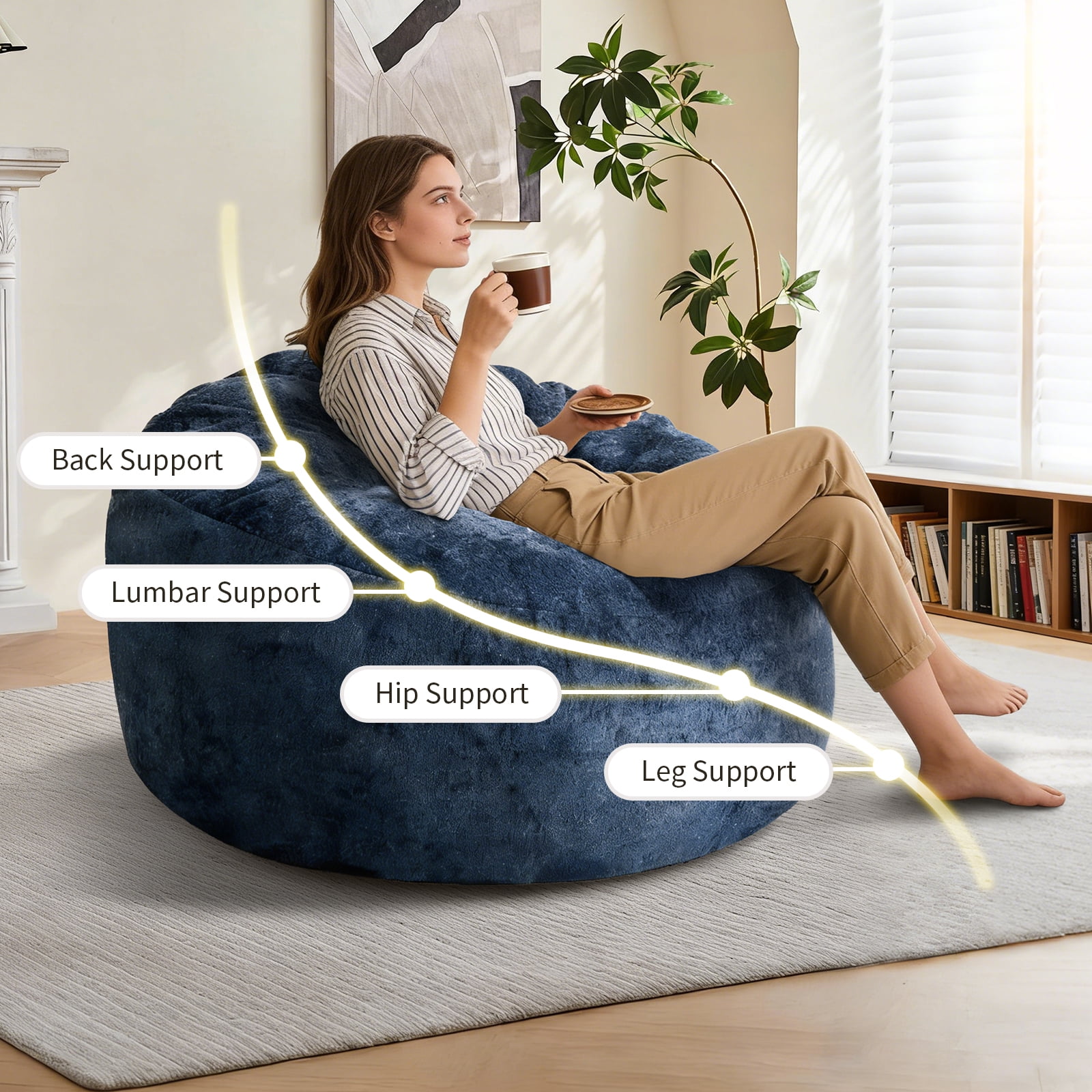 Ultra-Comfort Ergonomic Bean Bag Lounge Chair with Adjustable High-Elasticity Inner Filling and Detachable Washable Cover for Multi-Scene Use in Living Room/Bedroom/Balcony