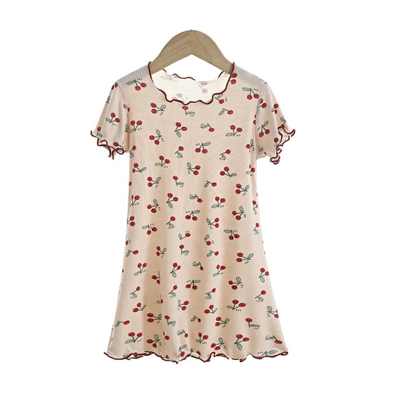 FLMEI Girls Summer Nightgowns for Kids Toddler Cotton Short Sleeve Pajamas Dress Printed Sleepwear Long Skirt Loungewear 3-10T