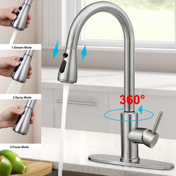 Kitchen Faucet with Pull Down Sprayer, 360° Single Handle Kitchen Sink Faucets for 1 or 3 Hole, Brushed Nickel