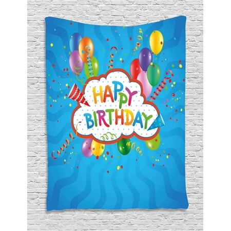 Birthday Decorations Tapestry, Wavy Blue Backdrop with Greeting Text Party Hats Confetti Best Wishes, Wall Hanging for Bedroom Living Room Dorm Decor, 40W X 60L Inches, Multicolor, by