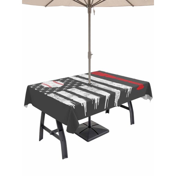 60x84 Inch Outdoor Tablecloth with Umbrella Hole Zipper Rectangle American Flag Rectangular Tablecloths Outside Waterproof Retro US Flag Baseball Stars Gray Patio Table Cloth Cover for Picnic Party