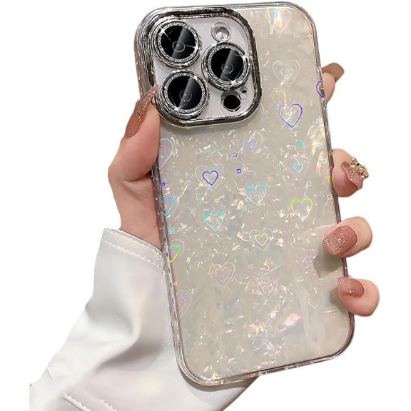 for iPhone Case,Luxury Pearl Pattern Sparkle Sparkly Blu-ray Love Heart Silicone Camera Lens Protection Soft Shockproof Phone Case (White,iPhone 15)