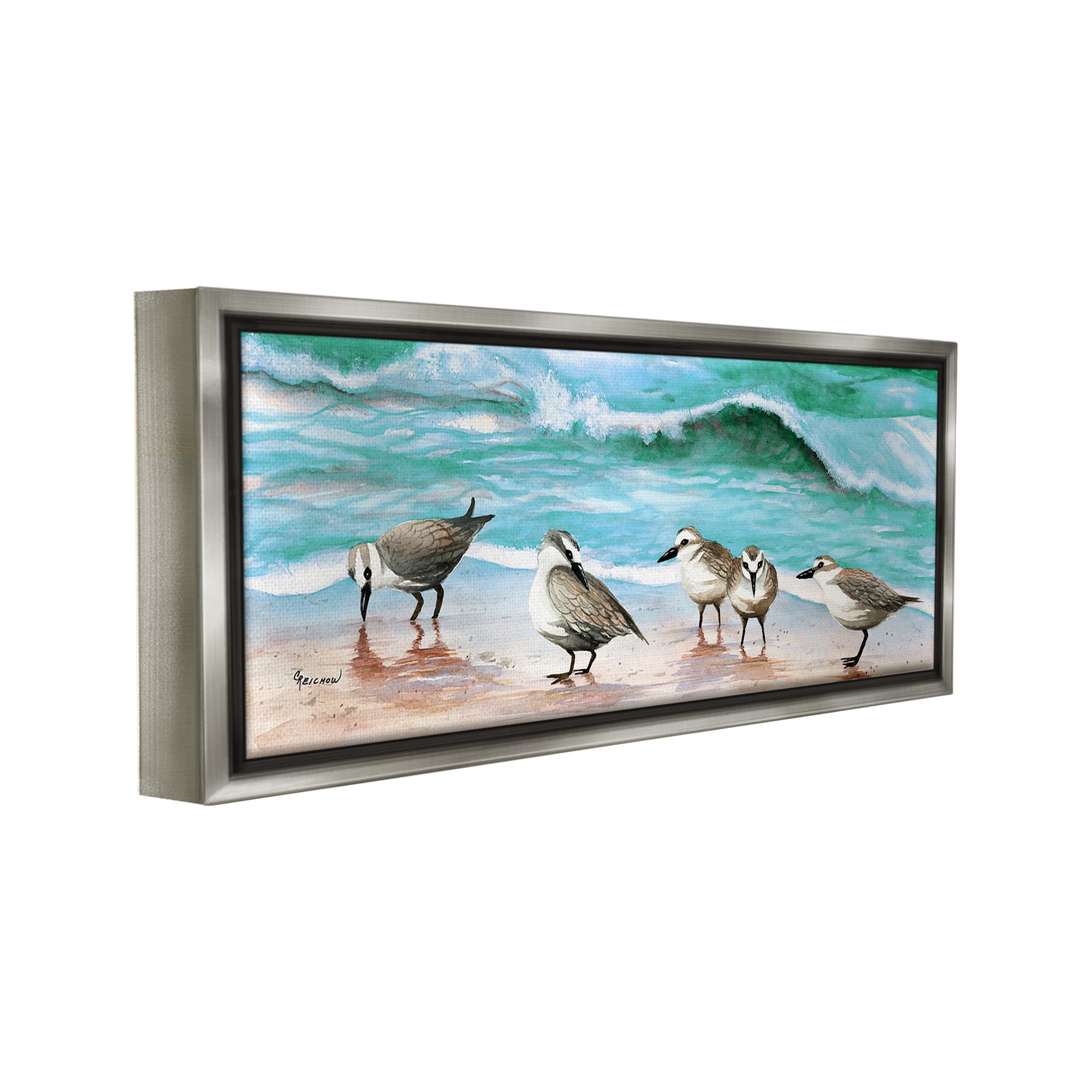Stupell Industries Sandpipers Along Beach Shore Animals & Insects Painting Gray Floater Framed Canvas Art Print Wall Art, 31 x 14