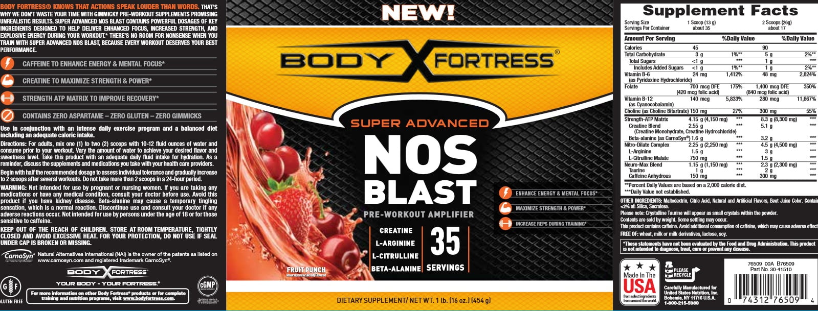 Body Fortress Super Advanced NOS Blast Pre-Workout Powder Fruit Punch 35 