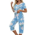 thumbnail image 4 of HYwys Comfy Lounge Sets for Women Short Sleeve V-Neck Tops and Floral Print Wide Leg Pants Loose Capri Pajama Set, 4 of 5