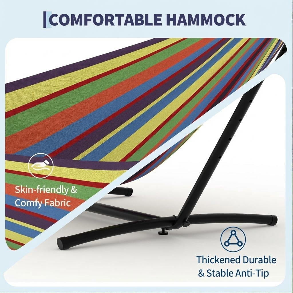 JoanKaren Double Hammock with Portable Space Saving Heavy-Duty Steel Stand,2 Person Outdoor 450lb Capacity Standing Hammocks,Indoor/Outdoor,Yellow Rainbow Stripes