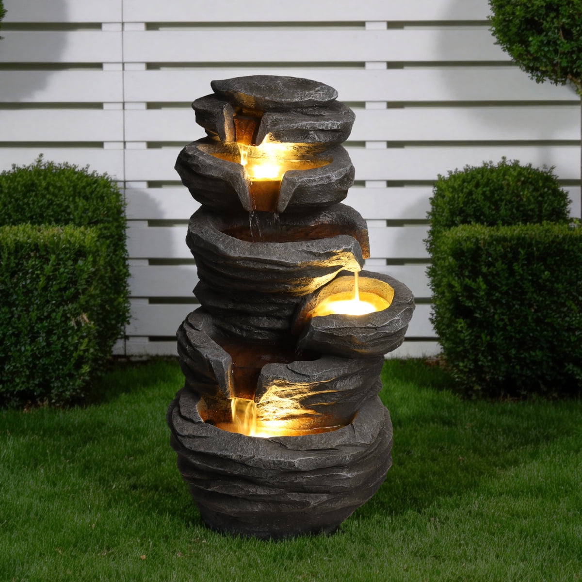25.6" 4-Tier Stacked Rock Water Fountain with Warm LED Lights, Cascading Waterfall Fountain, Weather-Resistant Outdoor Decor for Patio, Garden & Backyard