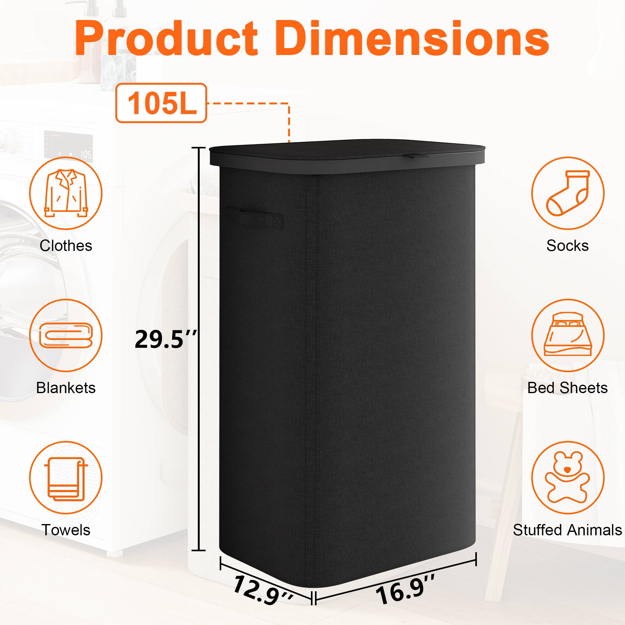 BGTREND 2PCS Slim Laundry Hamper with Lid 110L Foldable Clothes Basket with Removable Mesh Bag & Handle for Closet Bathroom Bedroom (Black)