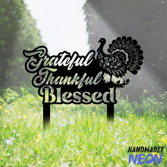 Handmadetneonsign Grateful Thankful Blessed Metal Stake, Turkey Garden Metal Stake, Yard Stake Decor 046688