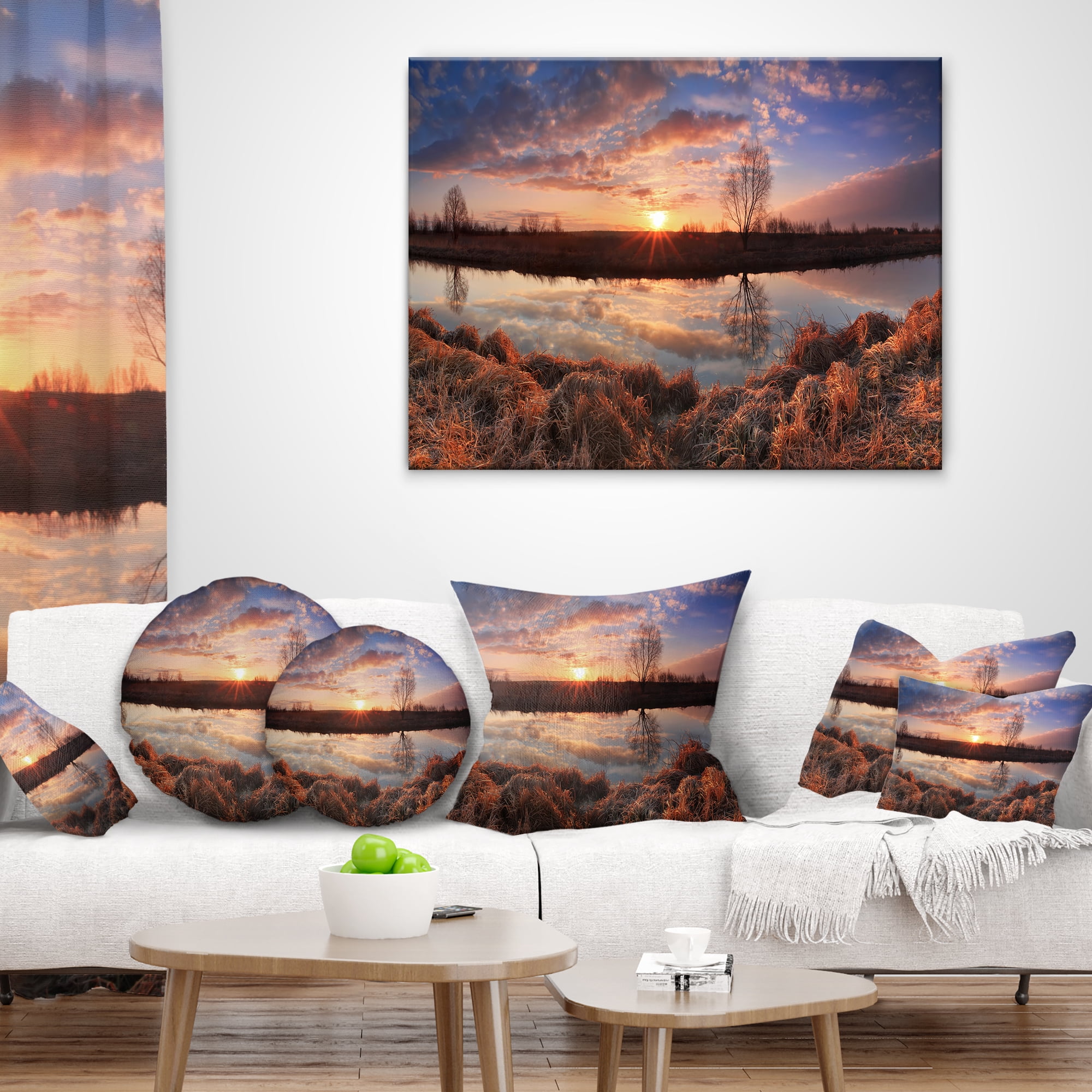 Designart Sunrise Above Spring River - Landscape Photo Throw Pillow - 16x16