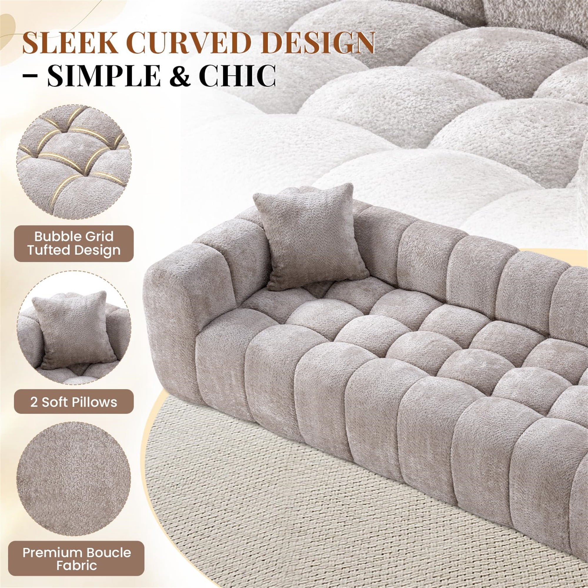 Aukfa 103" Oversized Boucle Cloud Sofa Deep Seat Boneless Couch with Square Tufted for Living Room, 2Pillows, Camel