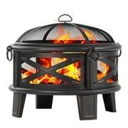 MistMo 26" Round Wood Burning Fire Pit with Cooking Grill, Steel Outdoor Firepit Antique Bronze