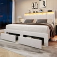 thumbnail image 4 of Amolife King Size Platform Bed Frame with 2-Tier LED Storage Velvet Wingback Headboard & 2 Storage Drawers, USB & Type-C Charging Ports, White, 4 of 12
