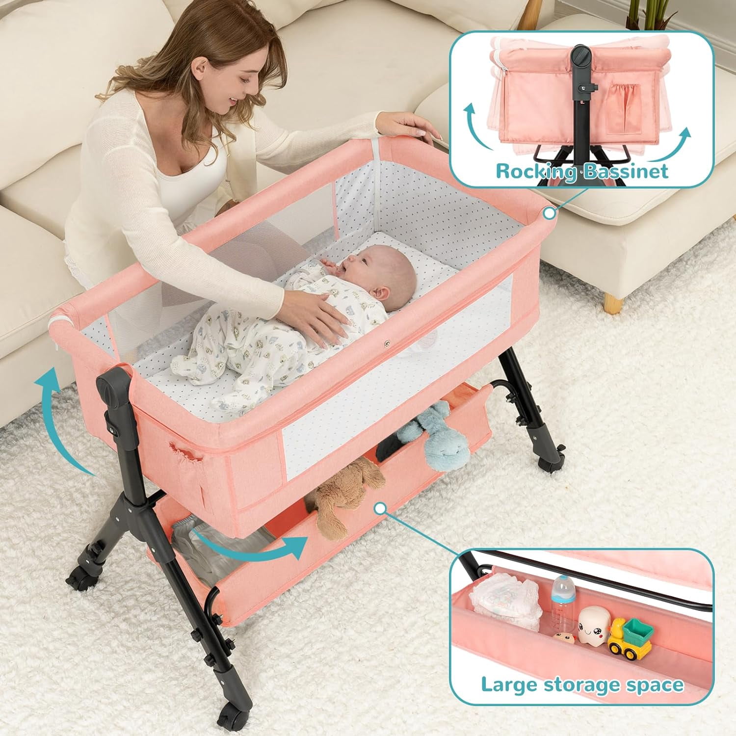 Infant Bassinet Sleeper, Adjustable Bedside Sleeper, Lightweight and Convenient, Comfortable Mattress with Wheels and Storage Basket - Pink