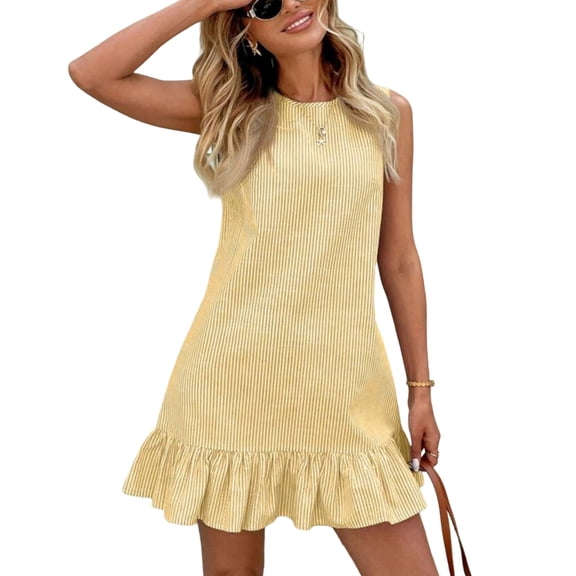 Striped Sleeveless Dress for Women Summer Crewneck Pullover Loose Sundress Ruffle Mini Tank Dress, XL