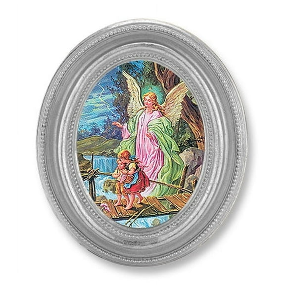 Guardian Angel Picture Framed Print Small, Oval Silver-Leaf Frame