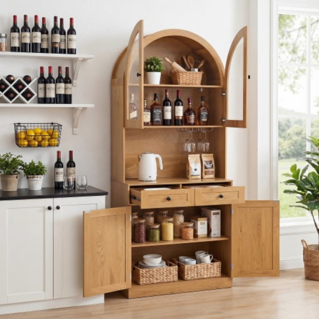 75" Farmhouse Tall Arched Pantry Cabinet with Charging Station, Coffee Bar Countertop, Adjustable Shelves & Drawer, Freestanding Kitchen Storage Cabinet for Dining Room Living Room, Oak