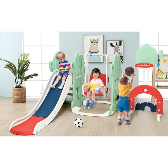 EDTara 7-In-1 Toddler Slide Set, Indoor and Outdoor Playground Playset With Swing, Basketball Hoop, Climber, Soccer, and Golf, Ideal for Kids’ All-In-One Active Fun